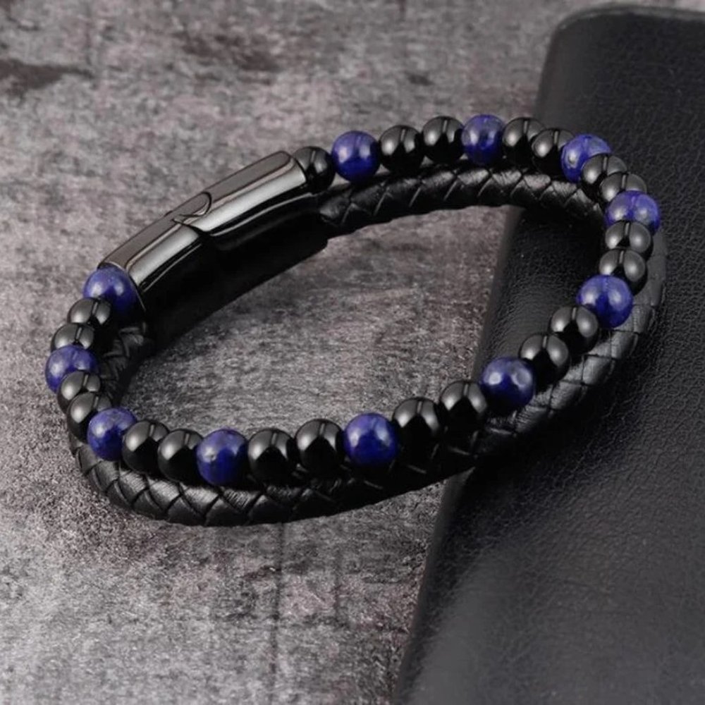 Lapis Lazuli Obsidian Stone Men's Leather Braided Bracelet Bangle Magnetic Clasp